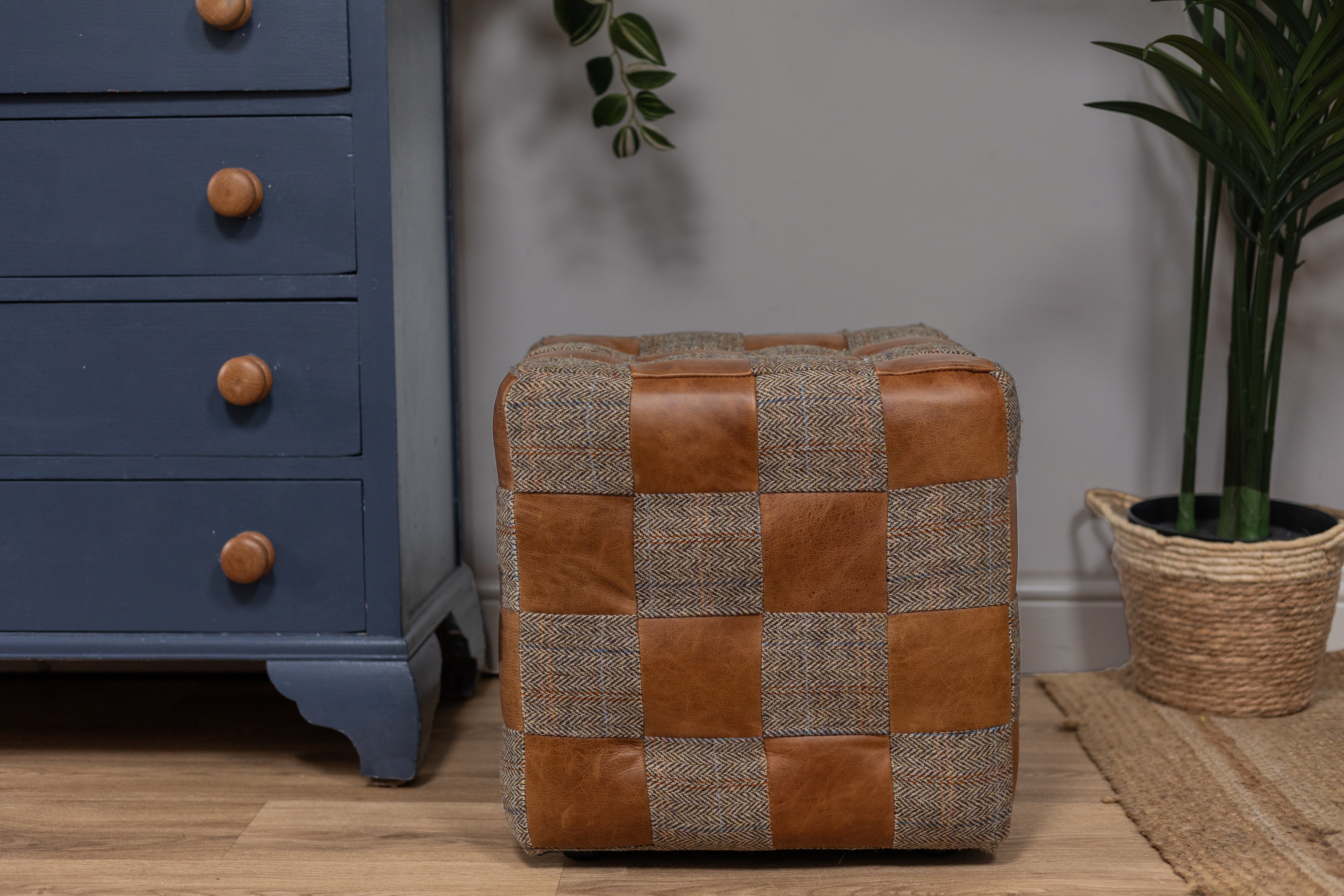 Brown Cerato Leather and Gamekeeper Thorn Harris Tweed Patchwork Cube Footstool